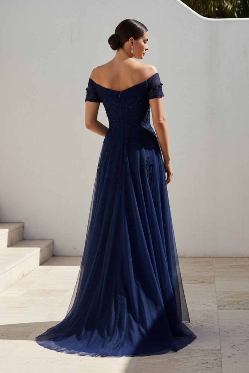 Off-Shoulder Appliqued Evening Gown
