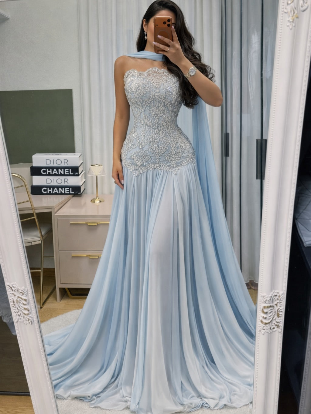 Embellished Lace Strapless A-Line Evening Gown