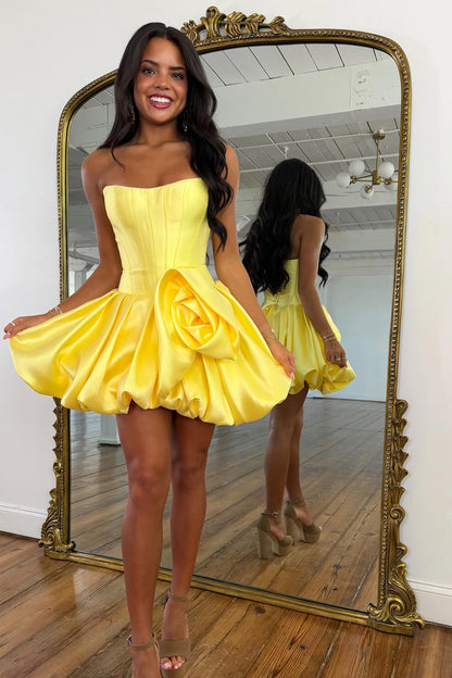 Strapless Corset Bubble Skirt Mini Dress with 3D Flower