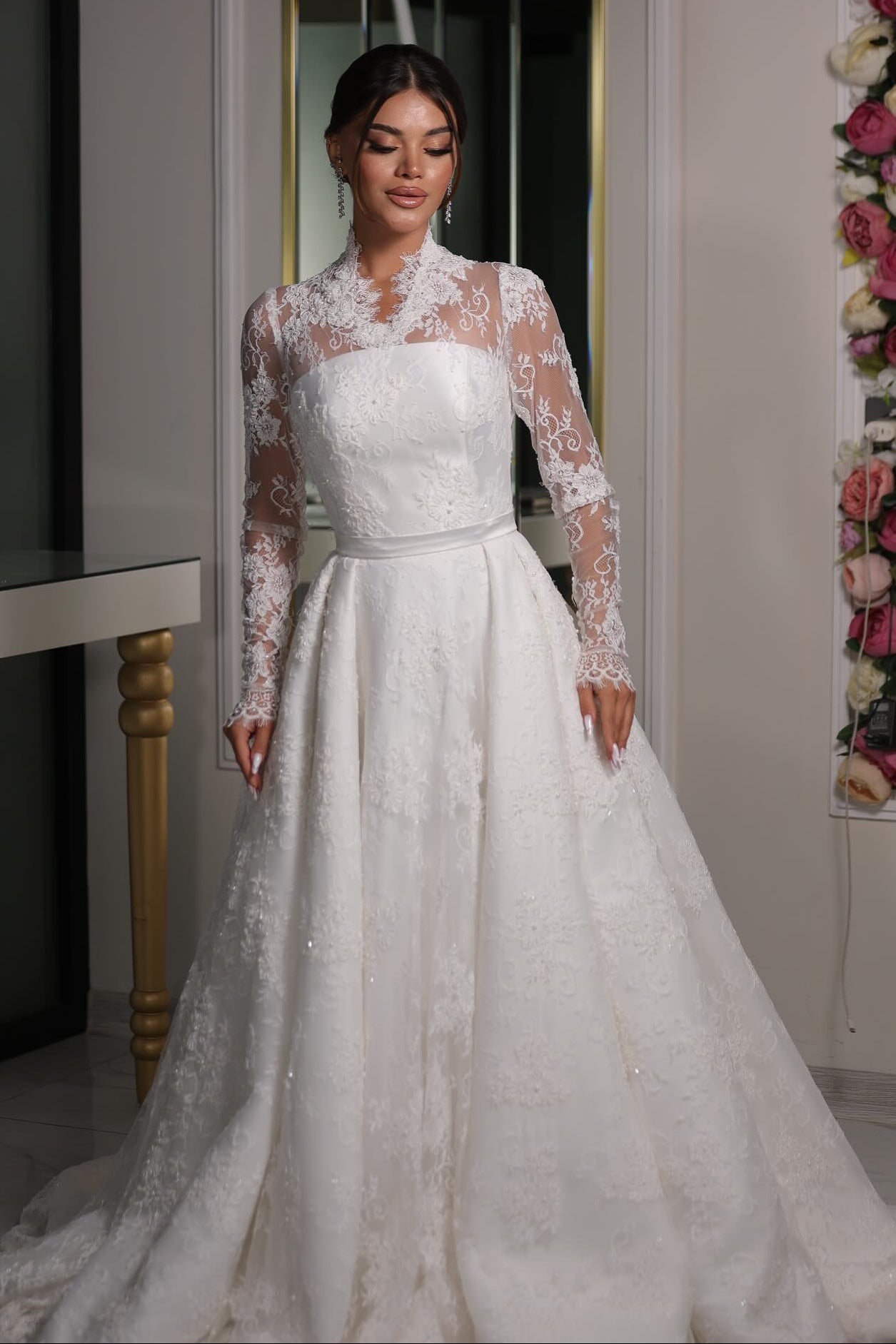 High-Neck Lace A-Line Wedding Dress with Long Sleeves