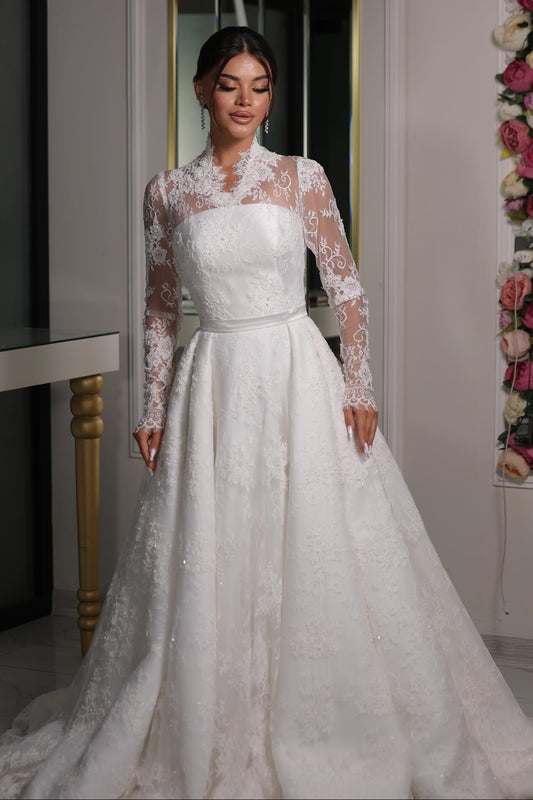 High-Neck Lace A-Line Wedding Dress with Long Sleeves