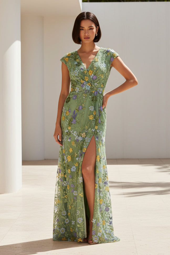 Embroidered Floral V-Neck Gown with High Slit