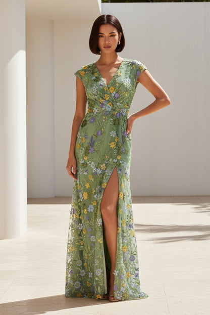 Embroidered Floral V-Neck Gown with High Slit