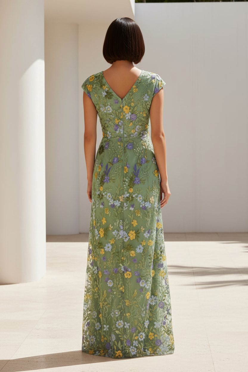 Embroidered Floral V-Neck Gown with High Slit