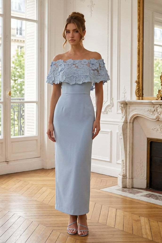 Off-the-Shoulder Floral Appliqué Column Dress