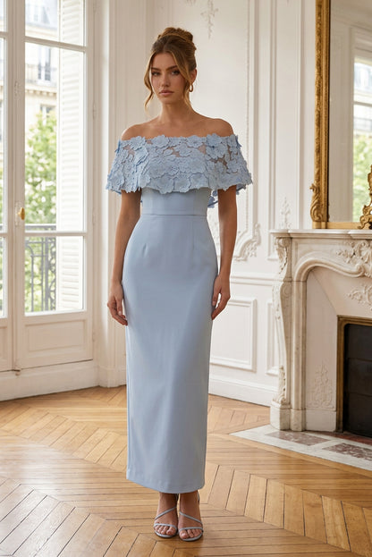 Off-the-Shoulder Floral Appliqué Column Dress