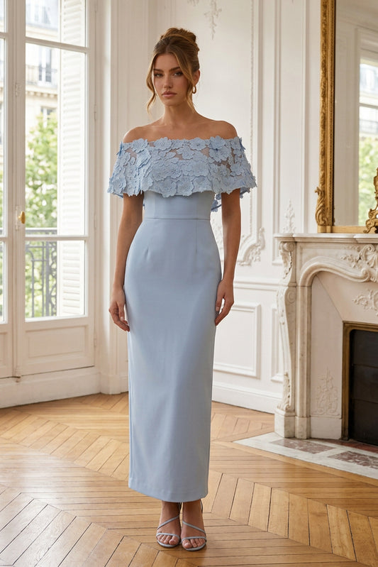 Off-the-Shoulder Floral Appliqué Column Dress