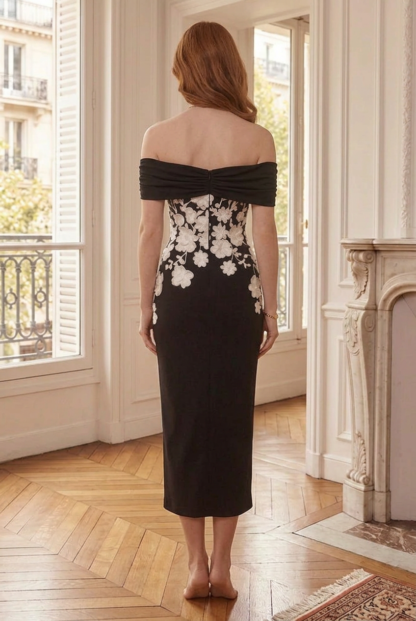 Floral Applique Off-Shoulder Midi Dress