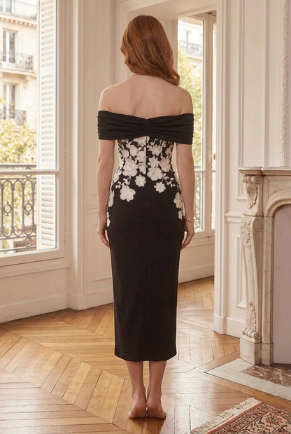 Floral Applique Off-Shoulder Midi Dress