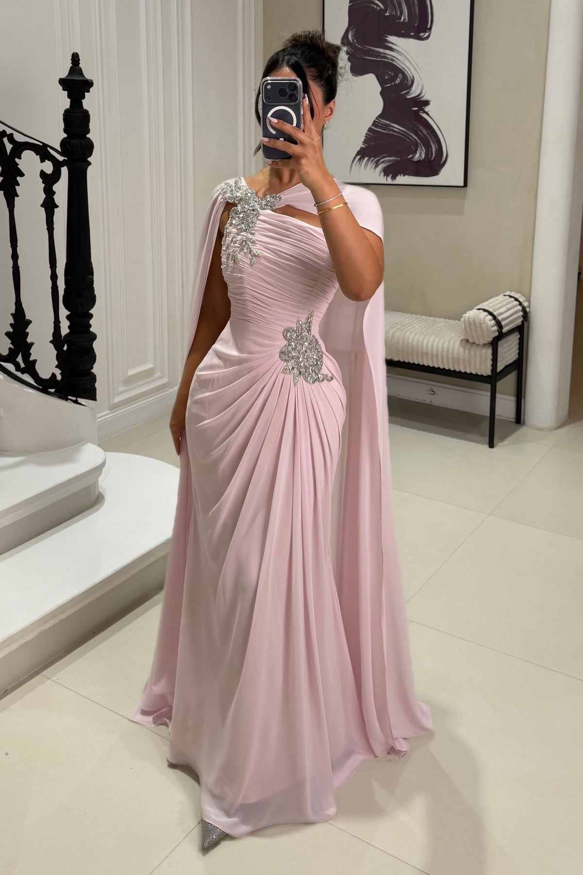 Ruched Evening Gown with Cape and Embellishments