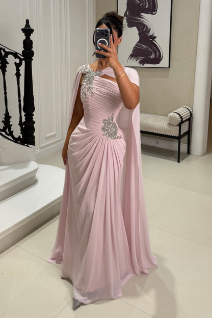 Ruched Evening Gown with Cape and Embellishments