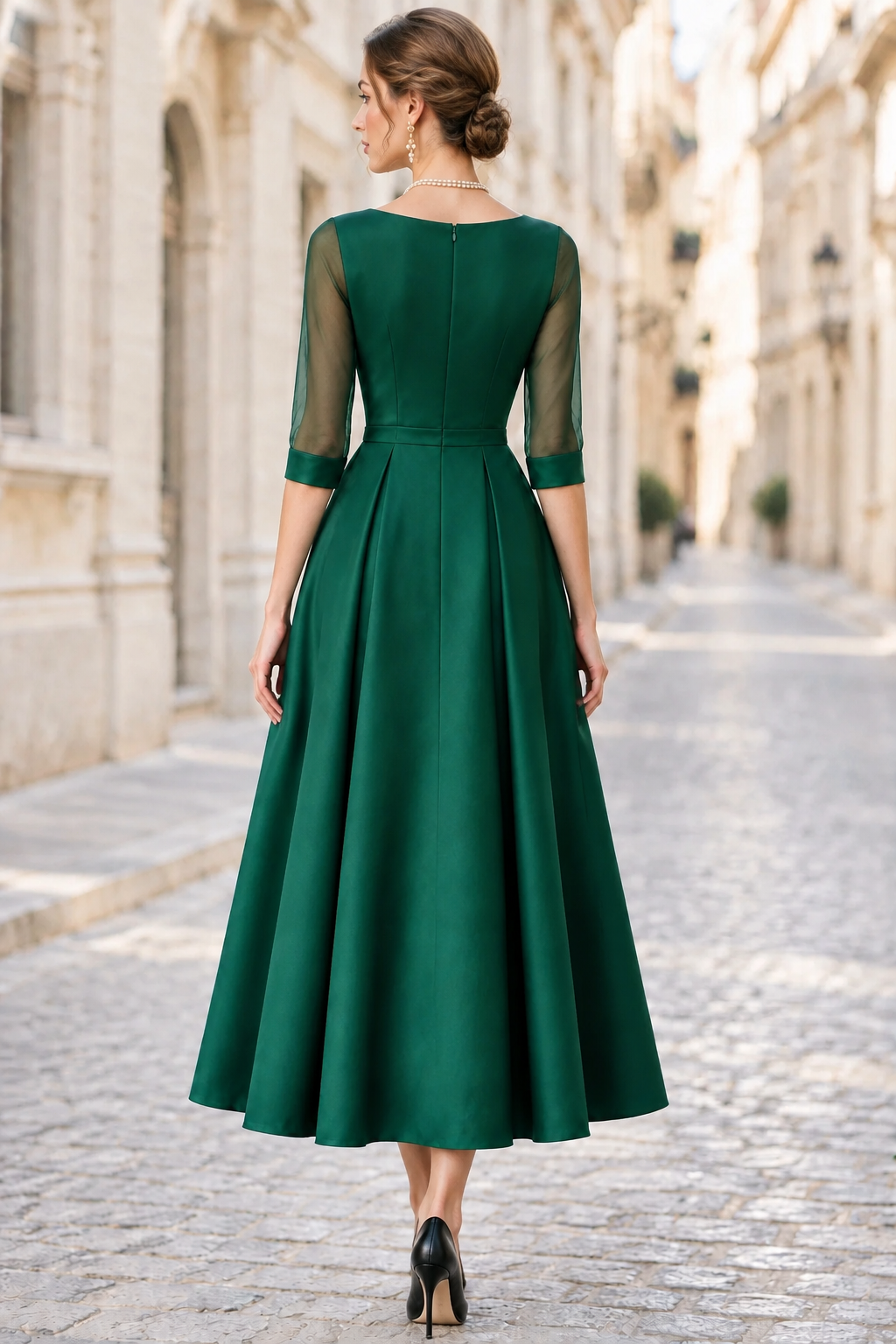 Bateau Neck Tea-Length A-Line Dress with Sheer Sleeves