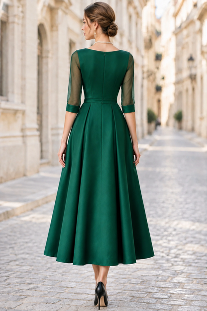 Bateau Neck Tea-Length A-Line Dress with Sheer Sleeves