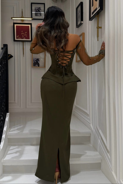 Corset Peplum Evening Gown with Sheer Sleeves