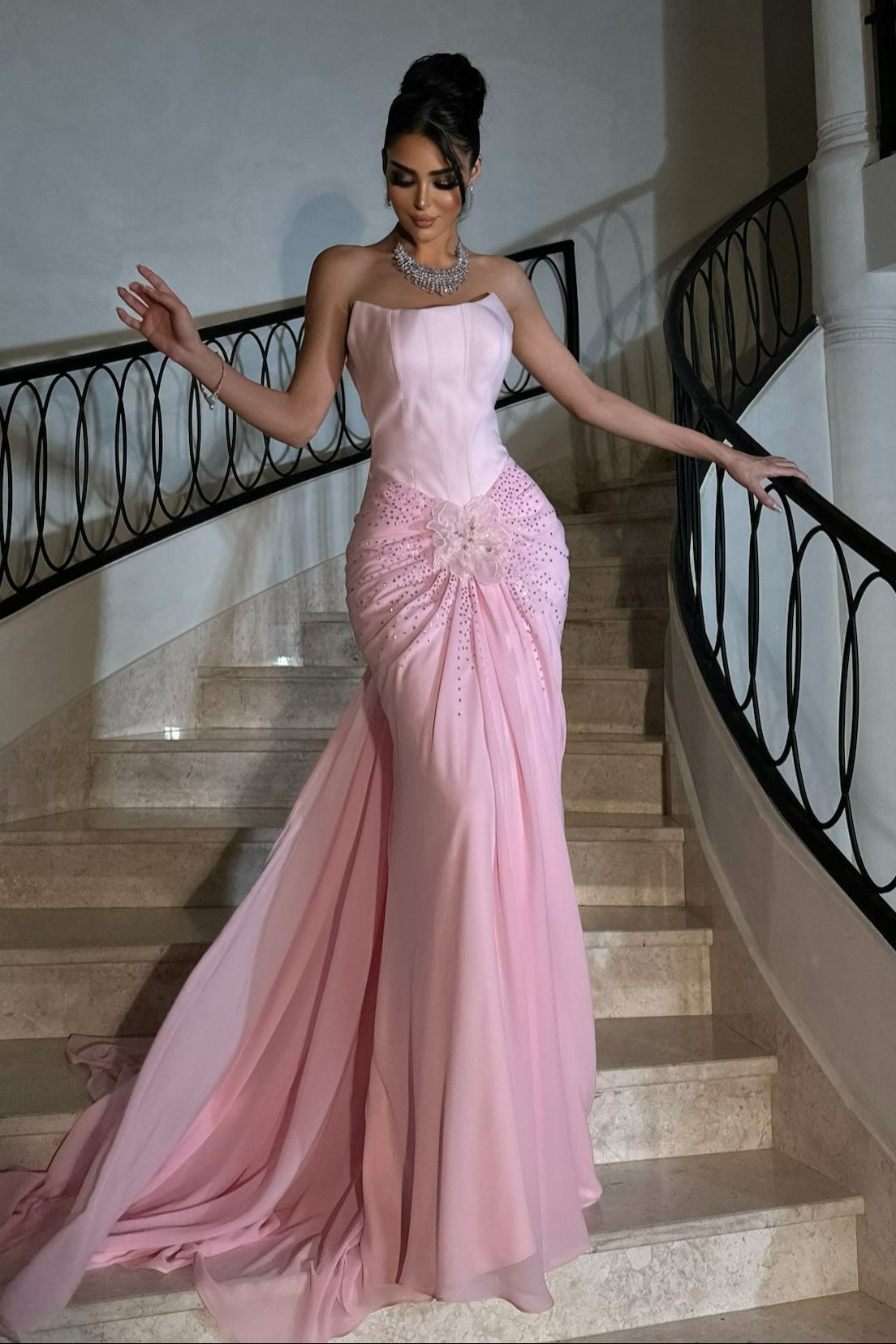 Strapless Corset Gown with Floral Rhinestone Drape