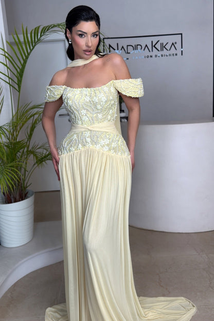 Pleated Chiffon Evening Gown with Lace Corset Bodice