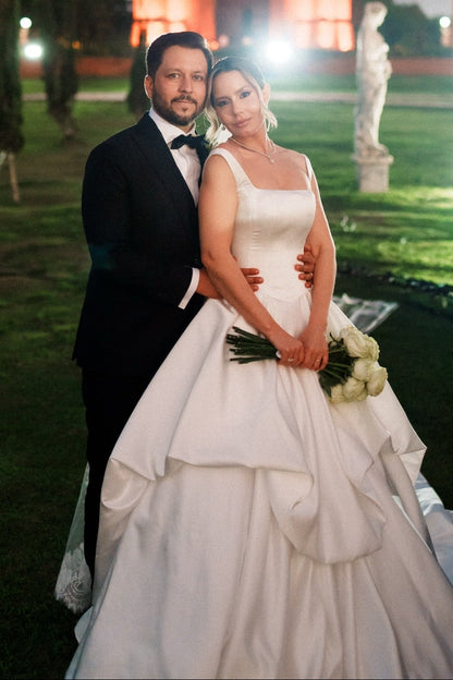 Satin Ball Gown with Tiered Skirt Cathedral Train Wedding Dress