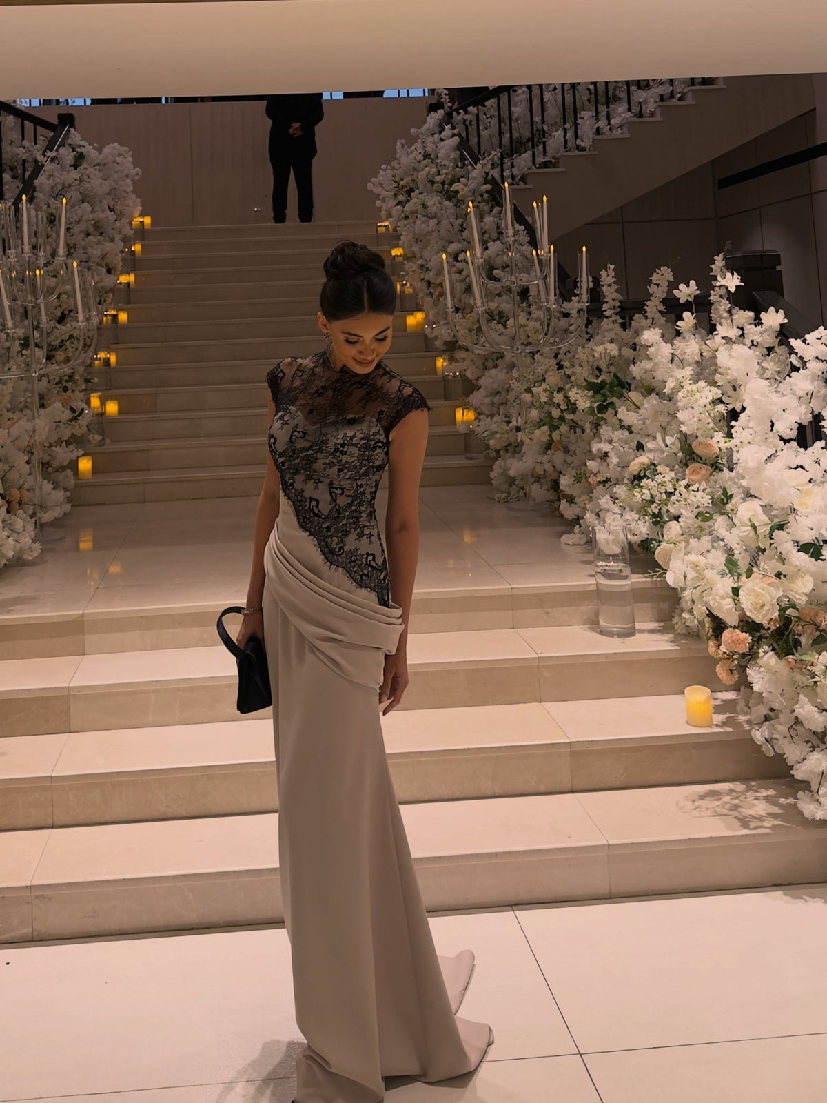 Lace Cap-Sleeve Gown with Draped Waist