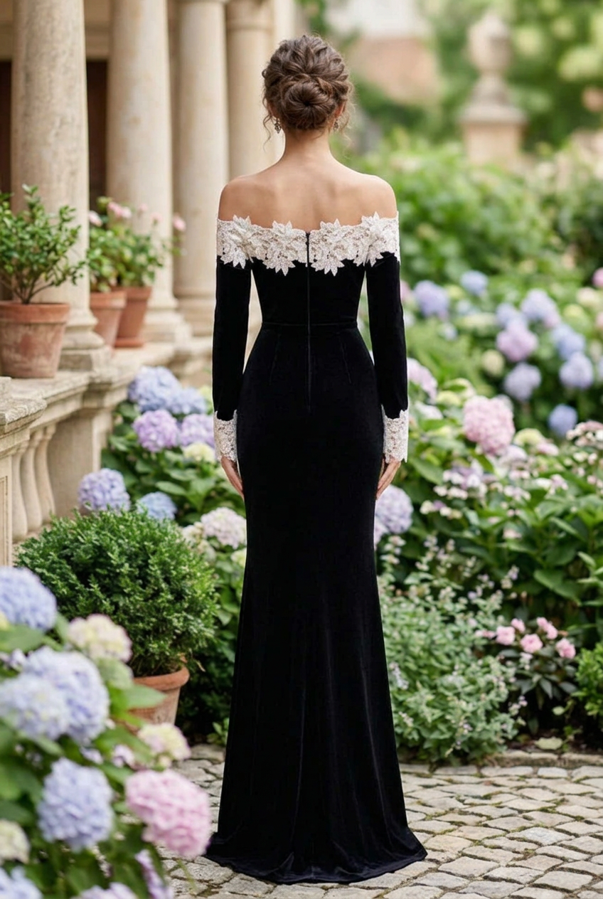 Off-Shoulder Velvet Gown with Floral Lace Trim