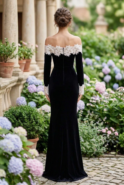 Off-Shoulder Velvet Gown with Floral Lace Trim
