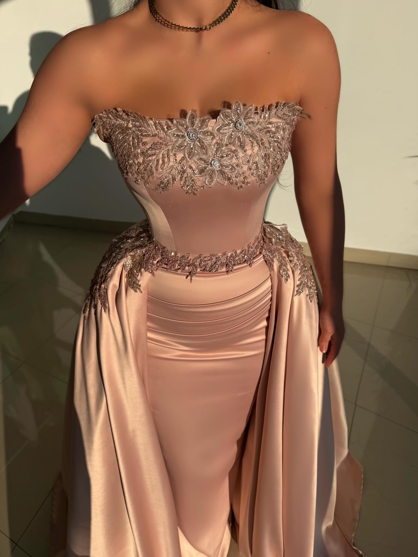 Strapless Satin Evening Gown with Detachable Overskirt