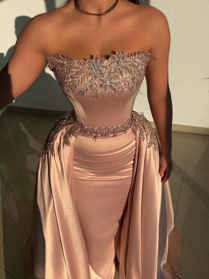 Strapless Satin Evening Gown with Detachable Overskirt