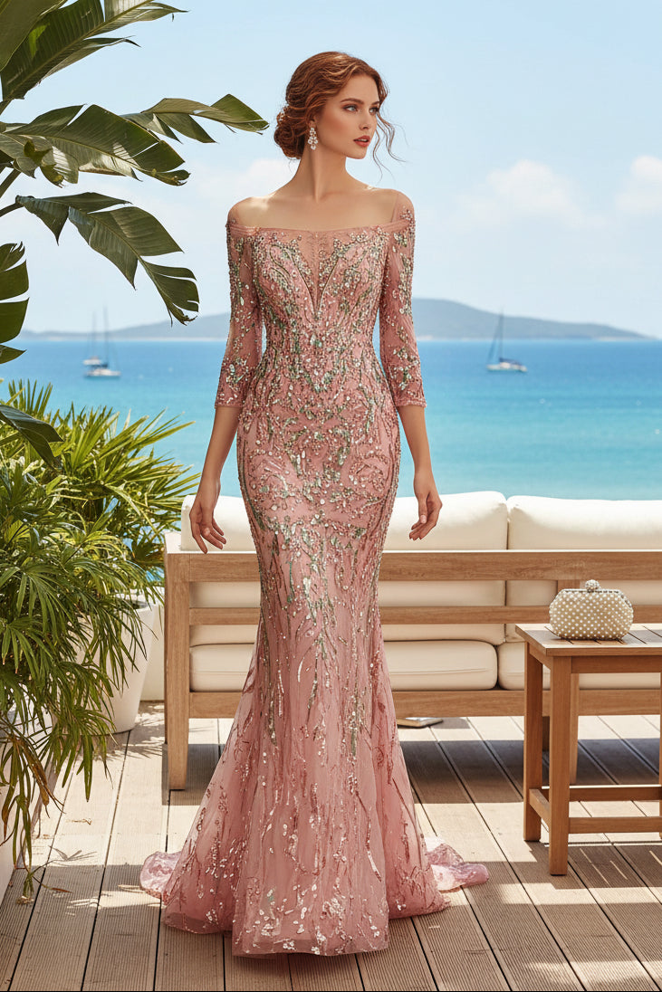 Sequin Embellished Off-Shoulder Mermaid Evening Gown