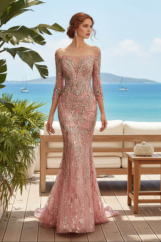 Sequin Embellished Off-Shoulder Mermaid Evening Gown