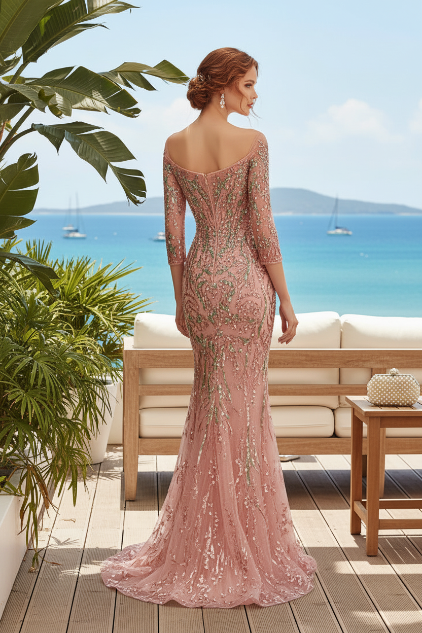 Sequin Embellished Off-Shoulder Mermaid Evening Gown