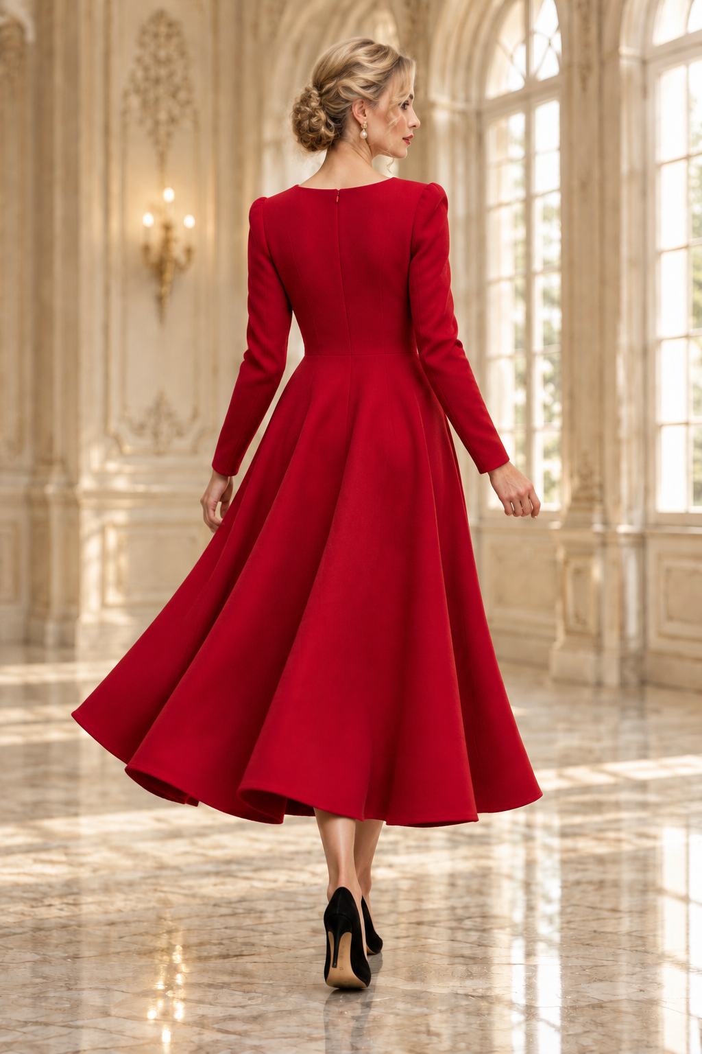 Long Sleeve Keyhole A-Line Midi Dress