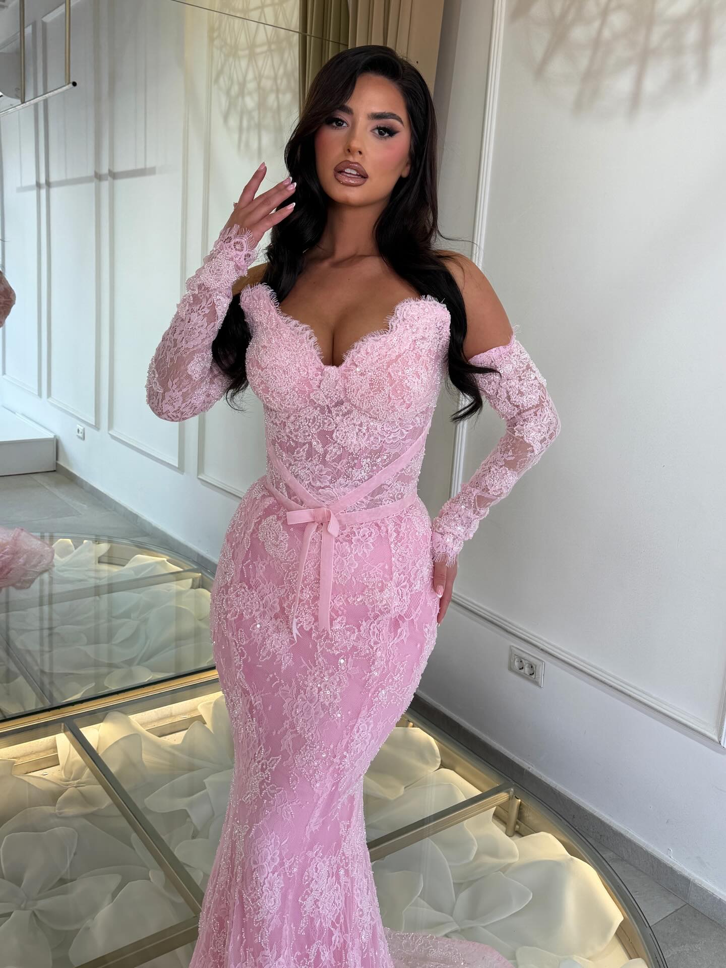 Off-the-Shoulder Lace Mermaid Gown with Corset Back