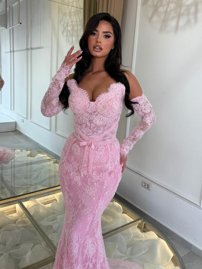 Off-the-Shoulder Lace Mermaid Gown with Corset Back