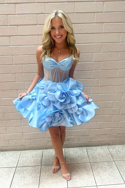 Sweetheart Corset A-Line Mini Dress with 3D Flowers