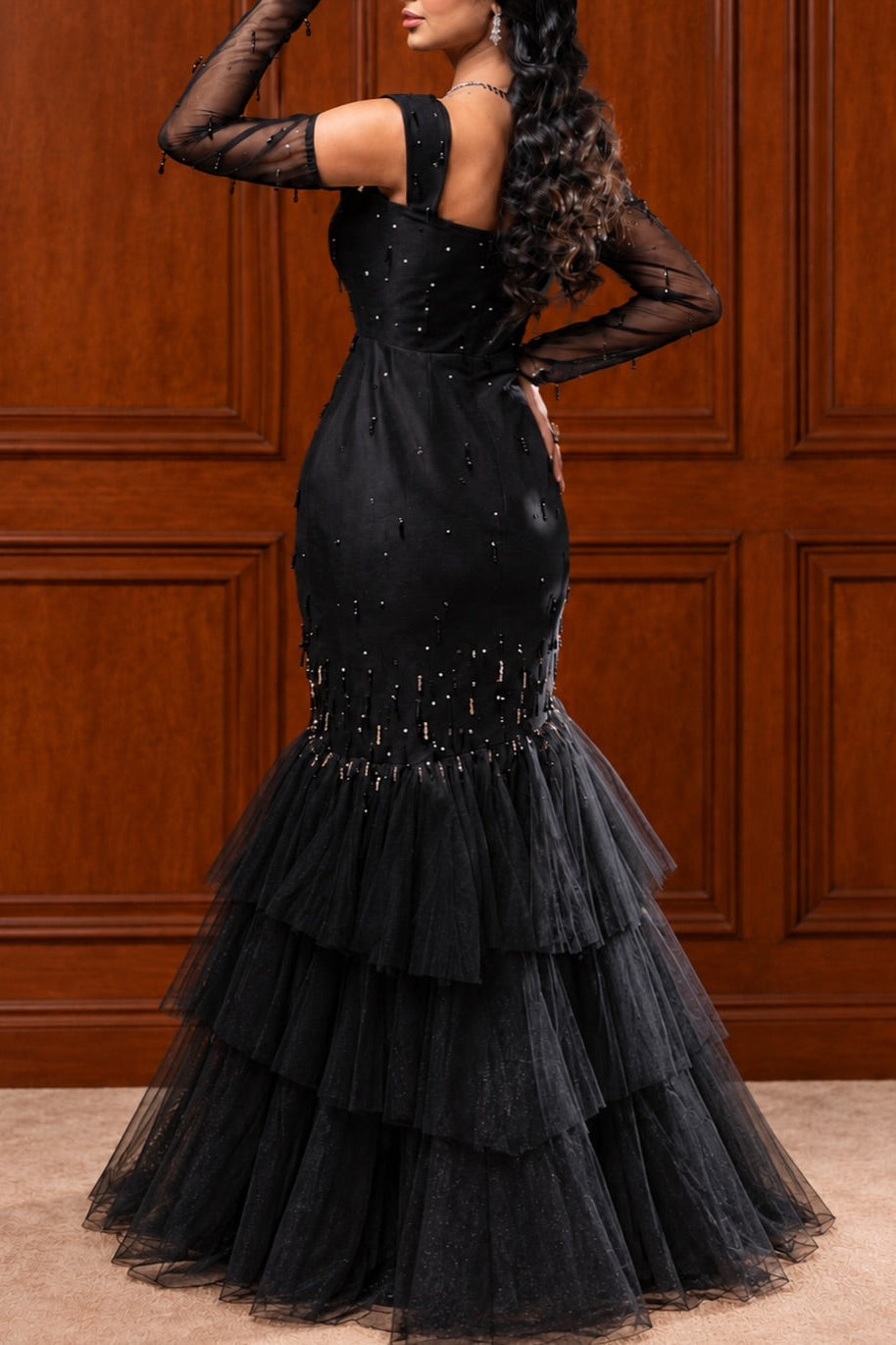 Beaded Mermaid Evening Gown with Tiered Tulle Skirt