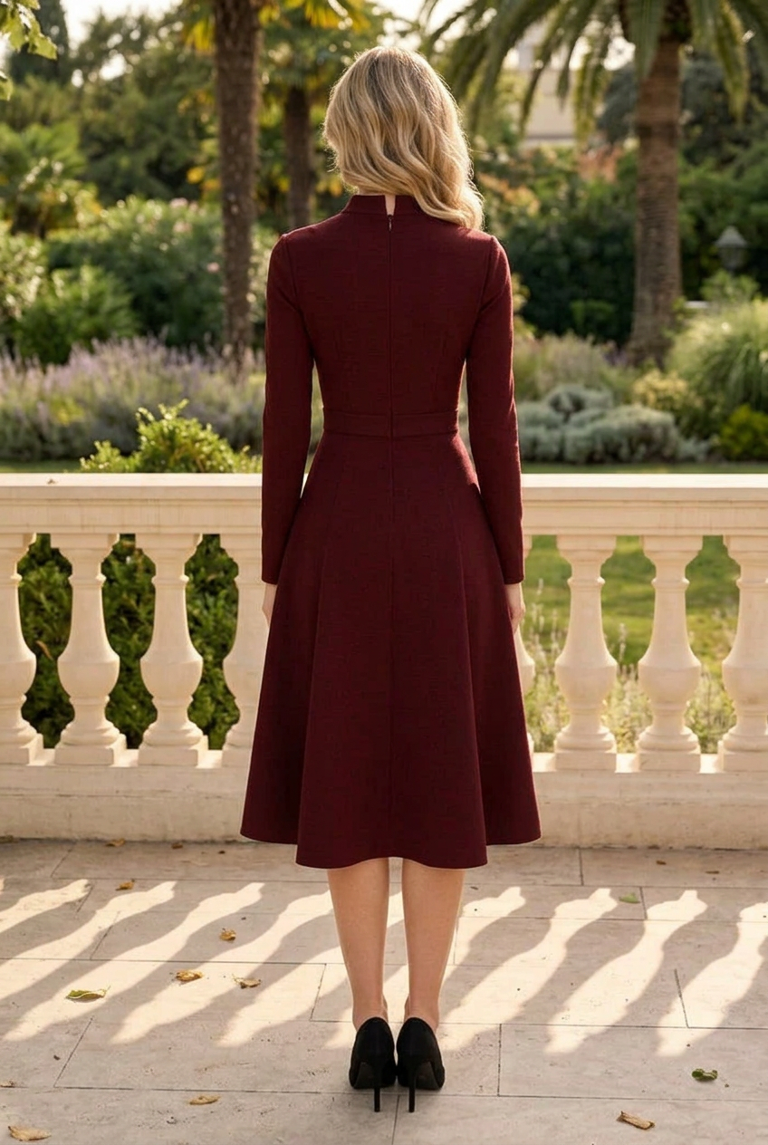 A-Line Long Sleeve Midi Dress with Asymmetric Buttons