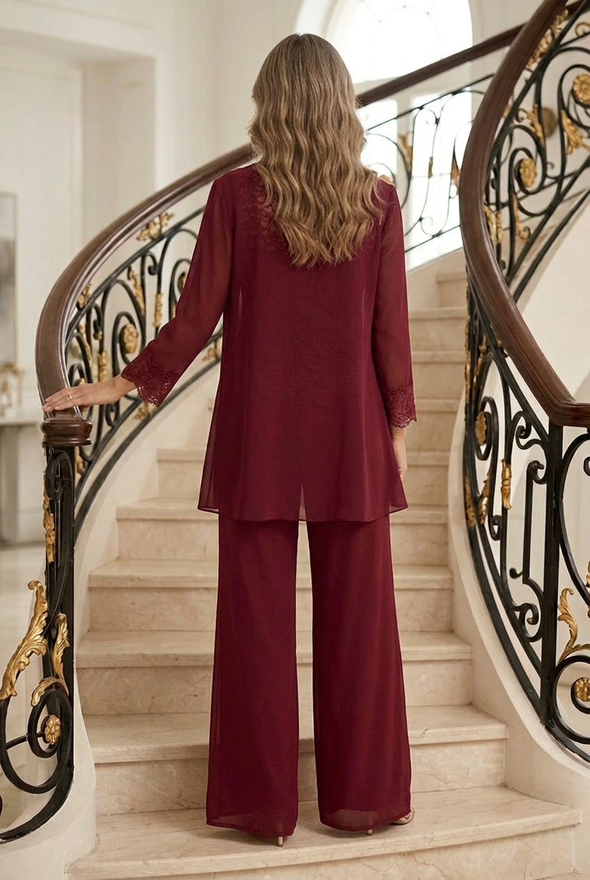 Chiffon Pantsuit with Lace Trim & Draped Jacket