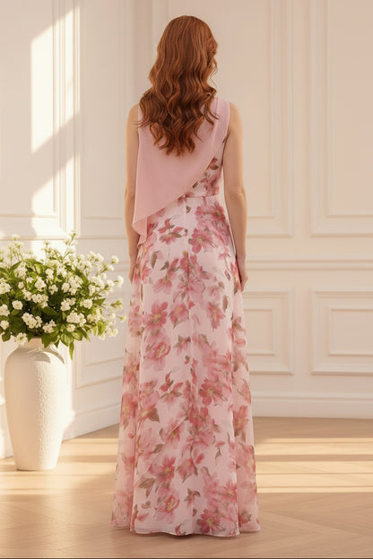Asymmetrical Floral Print Chiffon Maxi Dress