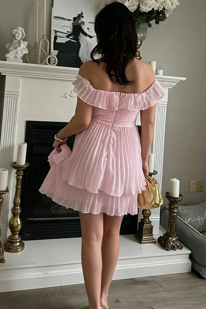 Off-the-Shoulder Pleated Tiered Mini Dress