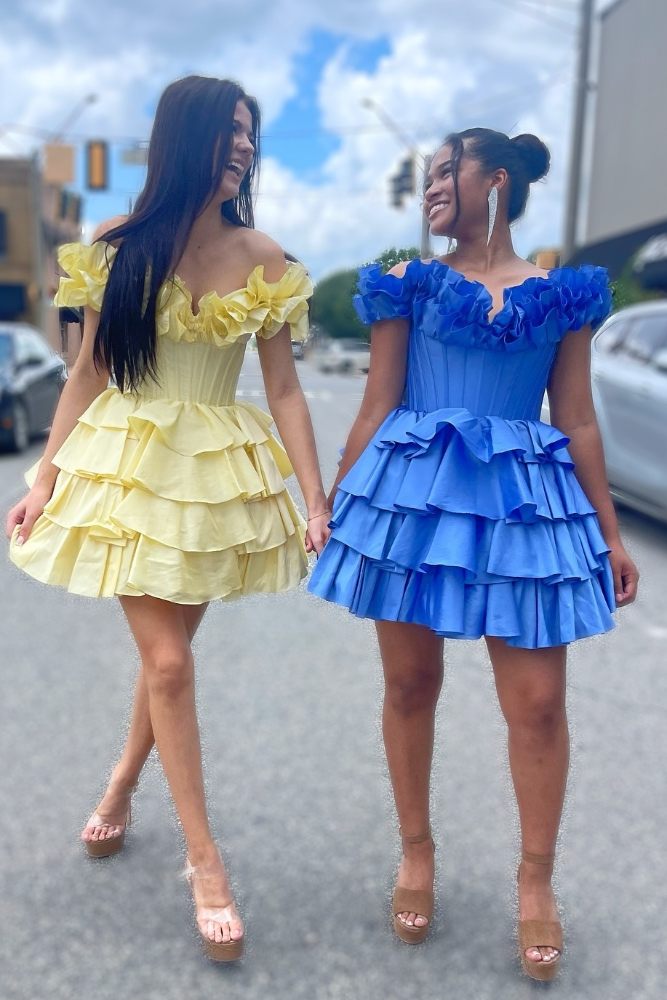 Off-the-Shoulder Corset Tiered Ruffle Mini Dress