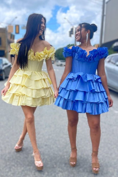 Off-the-Shoulder Corset Tiered Ruffle Mini Dress