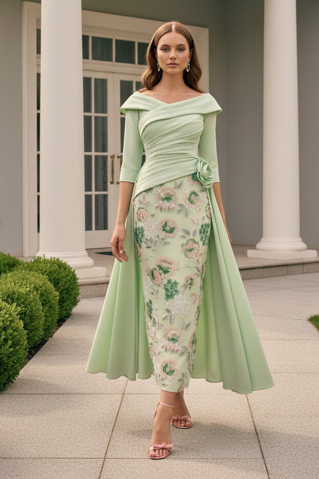 Floral Sequin Midi Dress with Satin Overlay & Fascinator