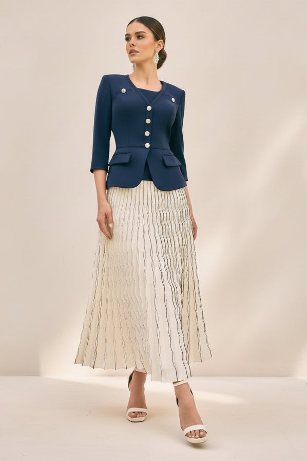 Fitted Jacket & Pleated Midi Skirt Two-Piece Set