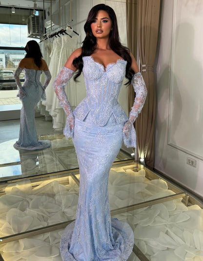 Off-Shoulder Corset Lace Mermaid Gown with Bell Sleeves