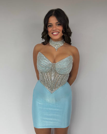 Strapless Beaded Corset Mini Dress with Basqued Waist