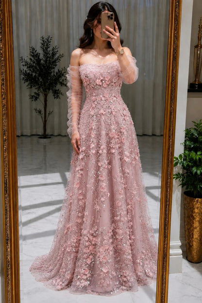 Off-the-Shoulder 3D Floral Tulle A-Line Gown