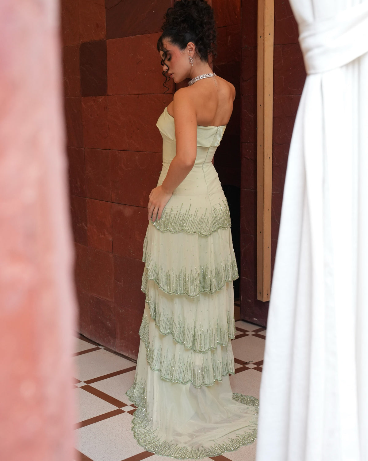 Strapless Tiered Beaded Evening Gown