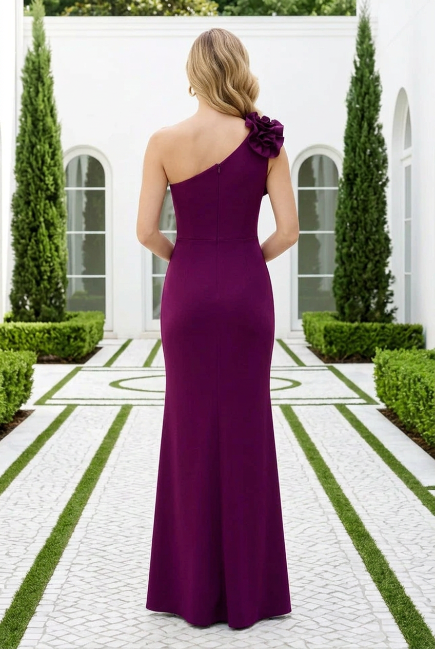 One-Shoulder Ruffle Rosette Column Gown