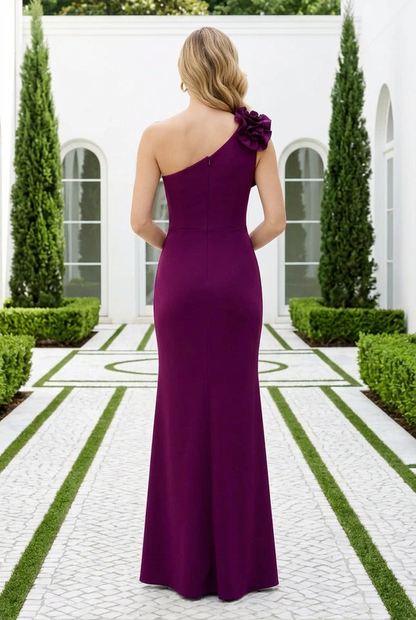 One-Shoulder Ruffle Rosette Column Gown