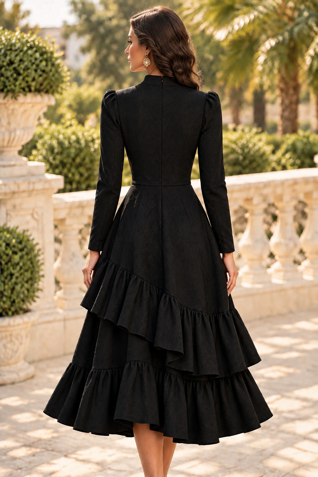 High-Neck Midi Dress with Asymmetric Ruffle Hem