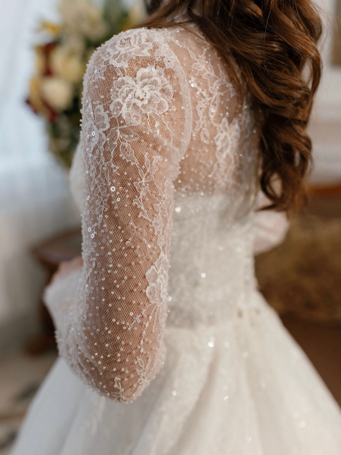 High Neck Lace Long Sleeve Ball Gown Wedding Dress